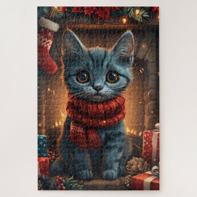 Oriental Blue Cat mit Weihnachtsgeschenk Kamin Puzzle (Vertikal)