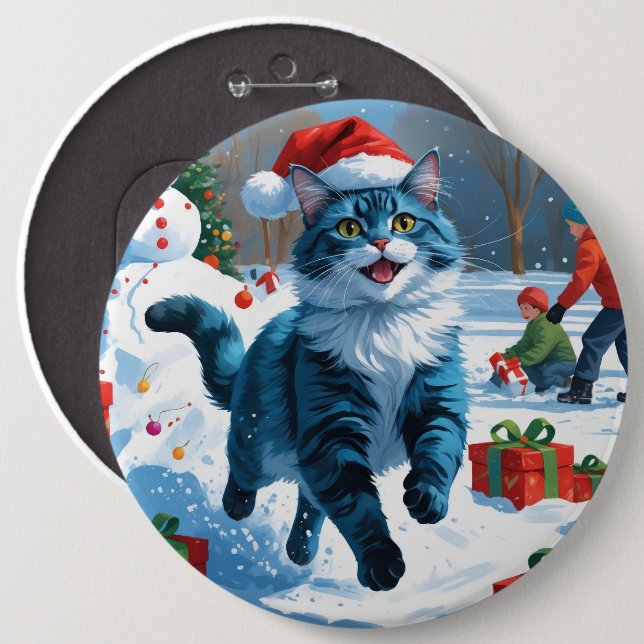 Oriental Blue Cat Sitting in Snow Weihnachtshut Button (Vorne & Hinten)