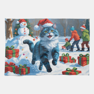 Oriental Blue Cat Sitting in Snow Weihnachtshut Geschirrtuch
