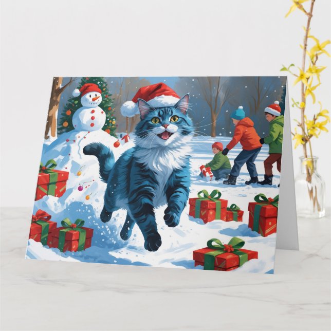 Oriental Blue Cat Sitting in Snow Weihnachtshut Karte (Gelbe Blume)