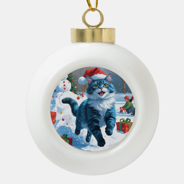 Oriental Blue Cat Sitting in Snow Weihnachtshut Keramik Kugel-Ornament (Vorderseite)