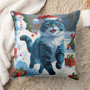 Oriental Blue Cat Sitting in Snow Weihnachtshut Kissen