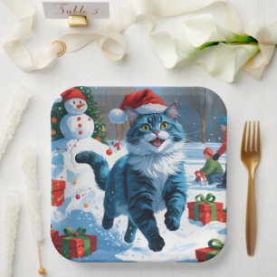 Oriental Blue Cat Sitting in Snow Weihnachtshut Pappteller