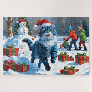 Oriental Blue Cat Sitting in Snow Weihnachtshut Puzzle