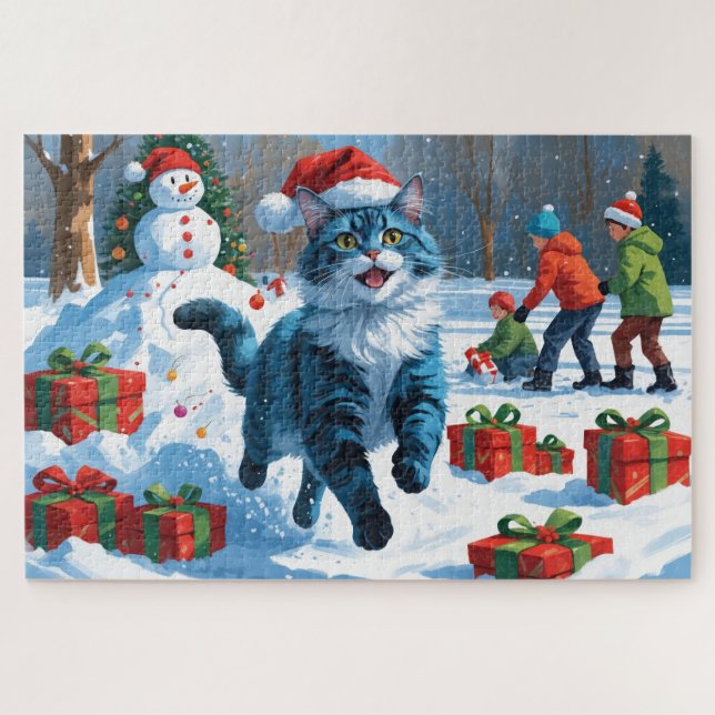 Oriental Blue Cat Sitting in Snow Weihnachtshut Puzzle (Horizontal)