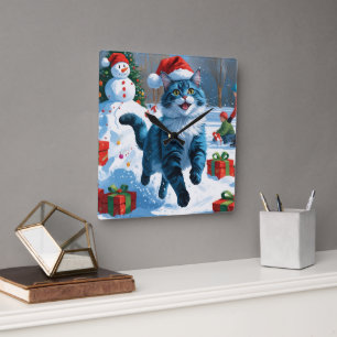 Oriental Blue Cat Sitting in Snow Weihnachtshut Quadratische Wanduhr