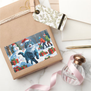 Oriental Blue Cat Sitting in Snow Weihnachtshut Rechteckiger Aufkleber