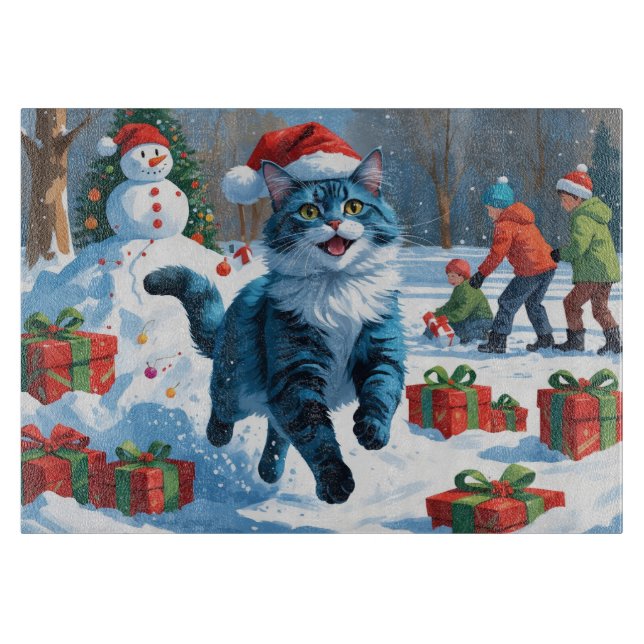 Oriental Blue Cat Sitting in Snow Weihnachtshut Schneidebrett (Vorderseite)