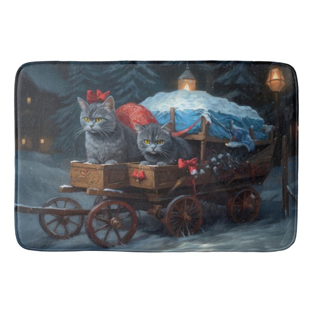 Oriental Blue Cat Snowy Sleigh Weihnachtsdekor Badematte (Vorderseite)