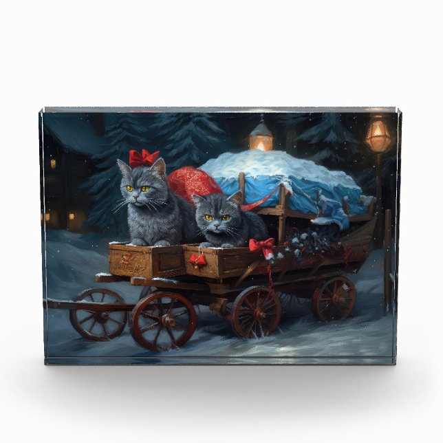 Oriental Blue Cat Snowy Sleigh Weihnachtsdekor Fotoblock (Vorderseite)