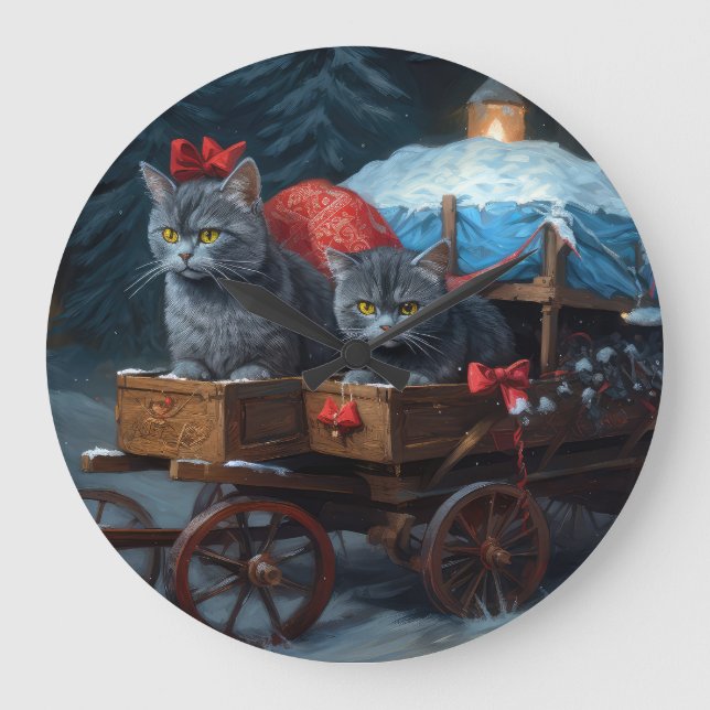 Oriental Blue Cat Snowy Sleigh Weihnachtsdekor Große Wanduhr (Vorderseite)