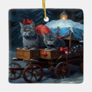 Oriental Blue Cat Snowy Sleigh Weihnachtsdekor Keramikornament