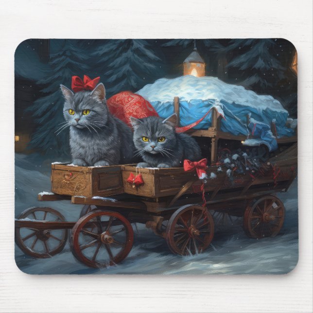 Oriental Blue Cat Snowy Sleigh Weihnachtsdekor Mousepad (Vorne)