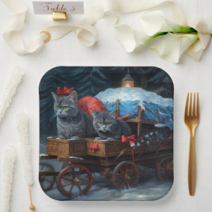Oriental Blue Cat Snowy Sleigh Weihnachtsdekor Pappteller