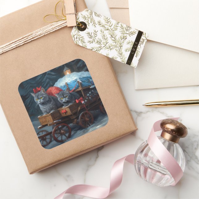 Oriental Blue Cat Snowy Sleigh Weihnachtsdekor Quadratischer Aufkleber (Schenken)