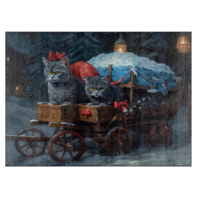 Oriental Blue Cat Snowy Sleigh Weihnachtsdekor Schneidebrett (Vorderseite)