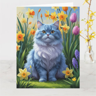 Oriental Blue Cat Spring Flowers Malerei Karte