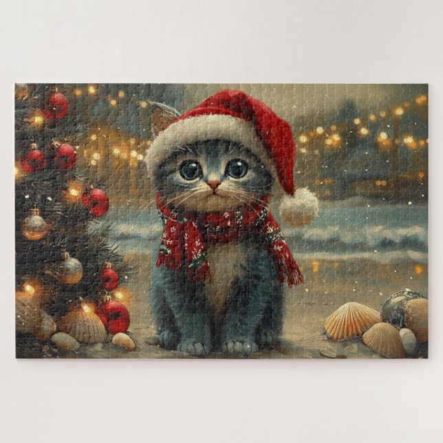 Oriental Blue Cat Weihnachtsstrand Vintag Puzzle (Horizontal)