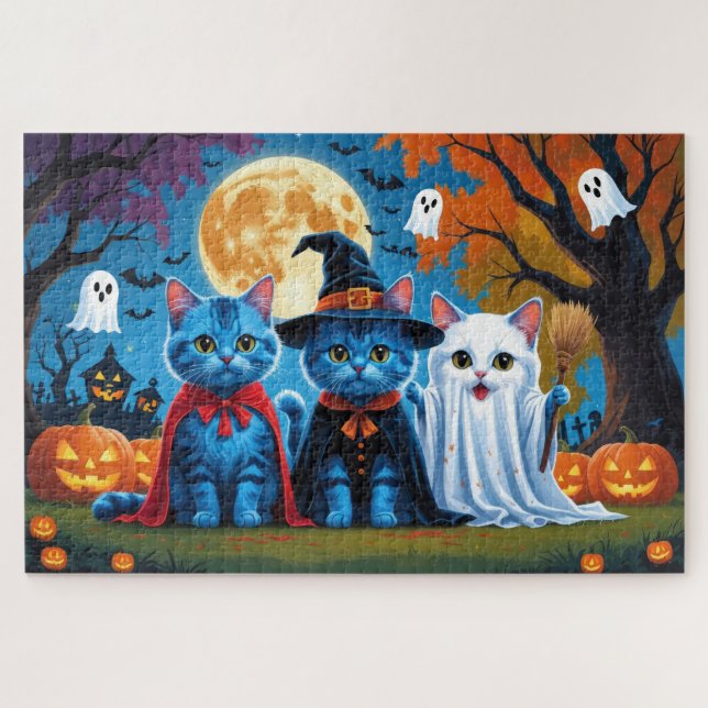 Oriental Blue Cats Pumpkin Halloween Funny Puzzle (Horizontal)