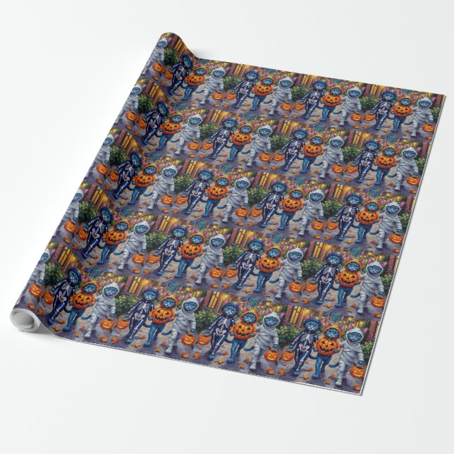 Oriental Blue Cats Trick-or-Treating Halloween Geschenkpapier (Ungerollt)