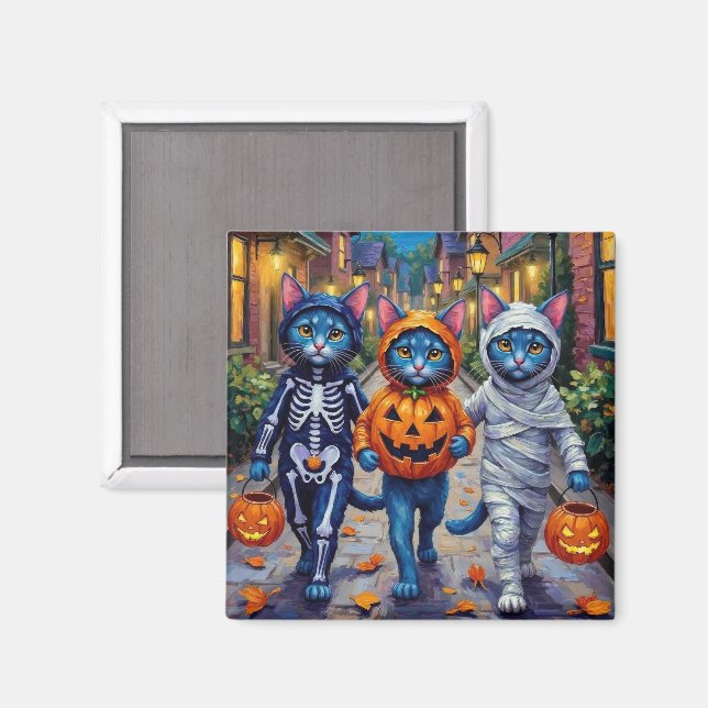 Oriental Blue Cats Trick-or-Treating Halloween Magnet (Vorderseite/Rückseite)