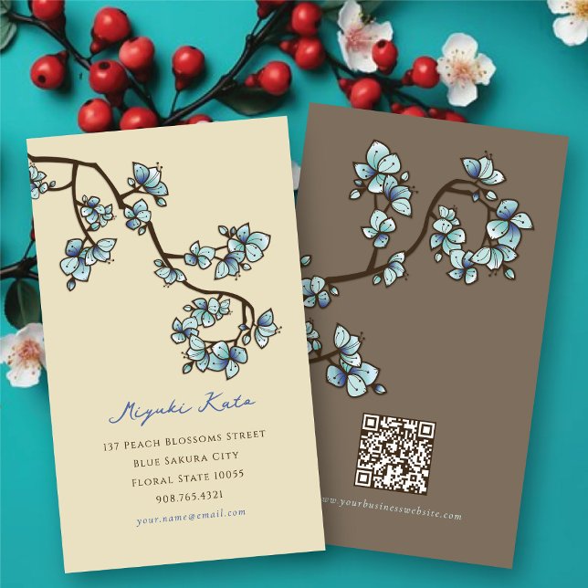 Oriental Blue Peach Blossoms Elegantes Design Saku Visitenkarte (Oriental Blue Peach Blossoms Elegant Chic Sakura Spring Flowers Business/Profile Card @ fat_fa_tin)