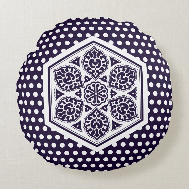 Oriental Blue Turkish Rosette Geometric Oriental Rundes Kissen (Vorderseite)