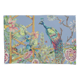 Oriental Floral Garden & Peacock Chinoiserie Blau Kissenbezug