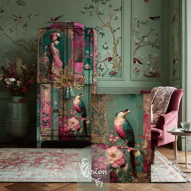 Oriental Garden Bird & Floral Collage Kunst, Dicht Seidenpapier (Oriental Garden, Bird & Floral, Patchwork Collage, Chinoiserie Art, Decoupage Tissue Paper)