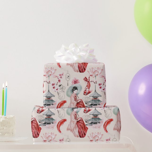 Oriental Geisha, Koi Fish, Japanisch Pagoda Geschenkpapier (Partygeschenke)