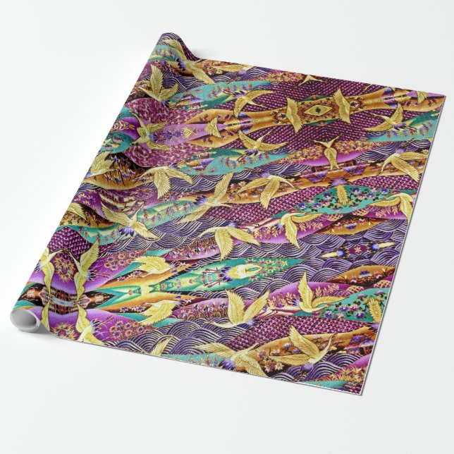 Oriental Golden Cranes Patchwork Wrapping Paper Geschenkpapier (Ungerollt)