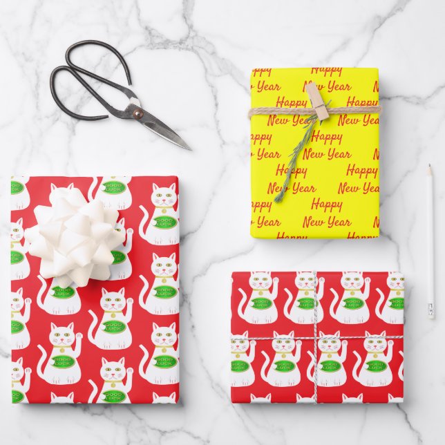 Oriental Lucky Cat Custom Chinese New Year Geschenkpapier Set (Vorderseite)
