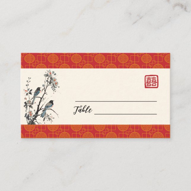 Oriental modern red flower bird Chinese wedding  Platzkarte (Vorderseite)
