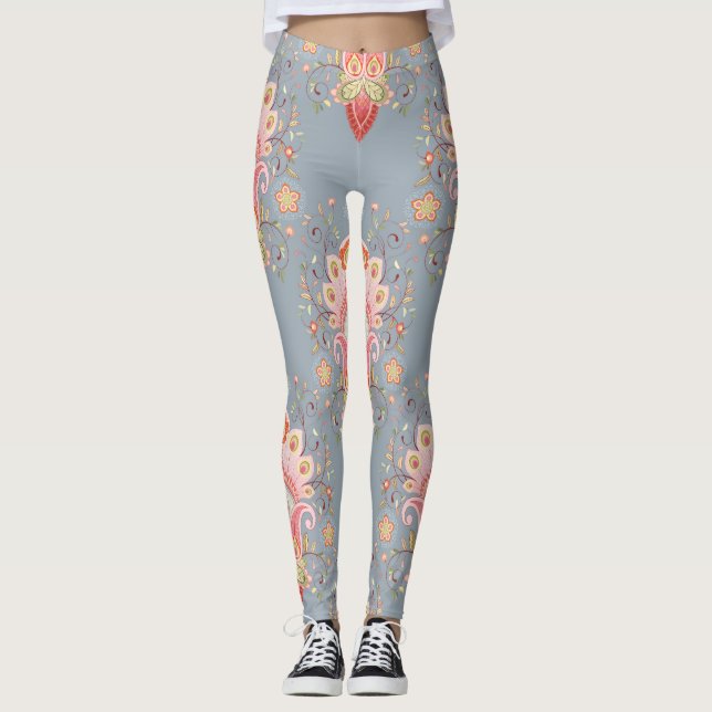 Oriental Paisley Peacock Feather Background Leggings (Vorderseite)
