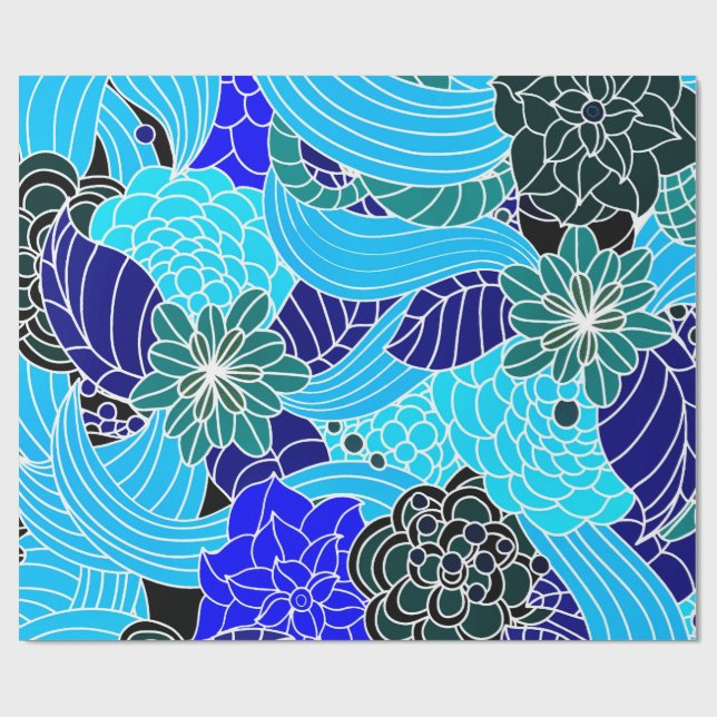 Oriental Pattern in Blue Shades Wrapping Paper Geschenkpapier (Flach)