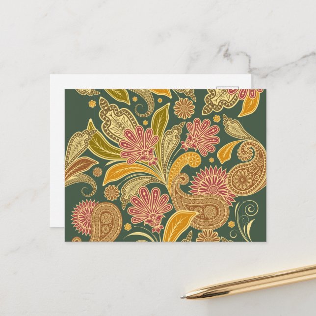 Oriental Persian Paisley - Green Yellow Red Postkarte (Vorderseite/Rückseite Beispiel)