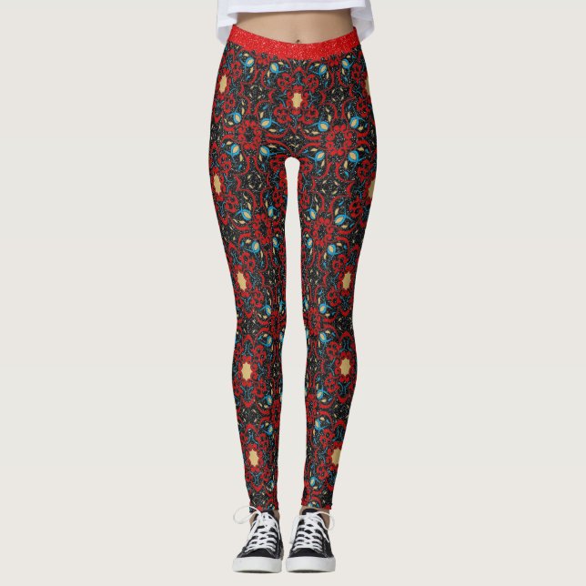 Oriental Red Blue Black Glitzer Chic Muster Leggings (Vorderseite)
