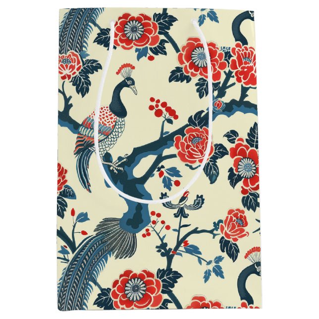 Oriental Red & Blue Floral Peacock Geschenktasche Mittlere Geschenktüte (Vorderseite)
