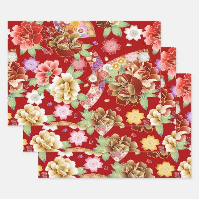 Oriental Red Gold Pink Modern Floral Geschenkpapier Set (Set)