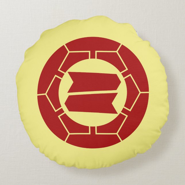Oriental Red Light Yellow Japan Hattori Kamon Art Rundes Kissen (Rückseite)