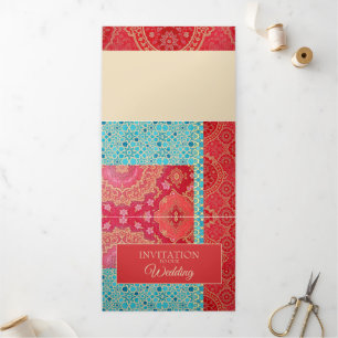 ORIENTAL Red Turquoise Muster - Einladungskarte Dreifach Gefaltete Einladung