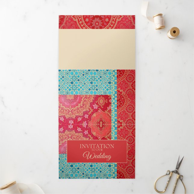 ORIENTAL Red Turquoise Muster - Einladungskarte Dreifach Gefaltete Einladung (Außenbereich)