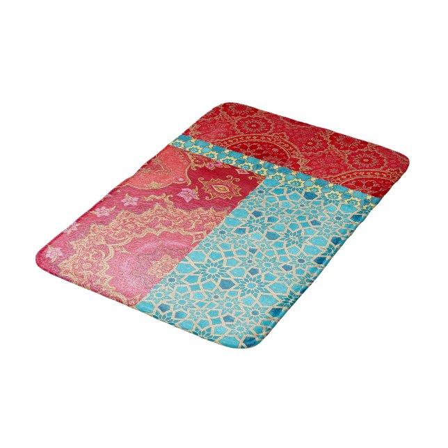 ORIENTAL Red Turquoise Pattern - Bath Mat Rug Badematte (Schrägansicht)