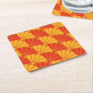 Oriental Red Yellow Kiku Chrysanthemum Mon Pattern Rechteckiger Pappuntersetzer