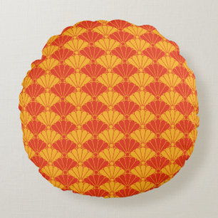 Oriental Red Yellow Kiku Chrysanthemum Mon Pattern Rundes Kissen