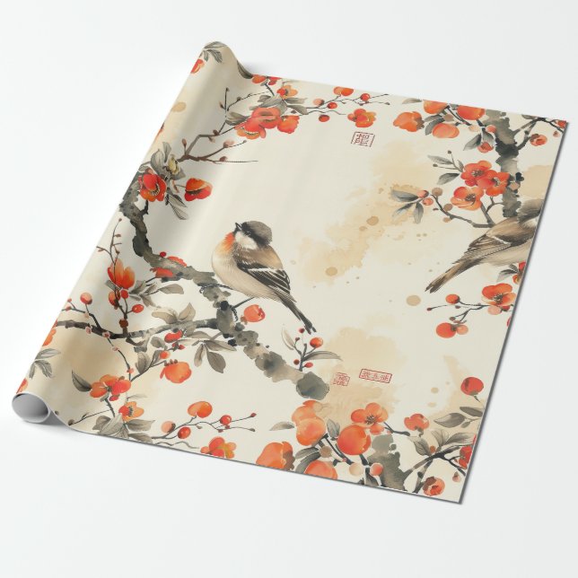 Oriental Songbirds and Blossom - Traditional Asian Geschenkpapier (Ungerollt)
