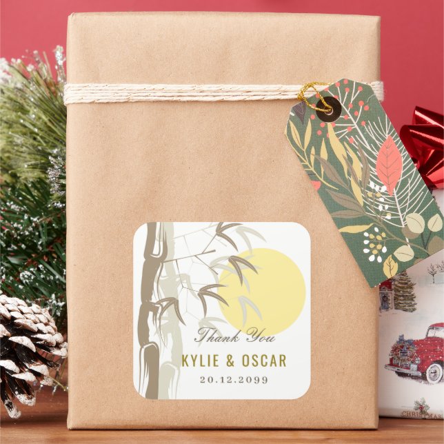 Oriental Sunrise Bamboo Garden Zen Yellow Wedding Quadratischer Aufkleber (Feiertag)