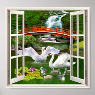 ORIENTAL SWAN GARDEN FAKE FENSTER POSTER