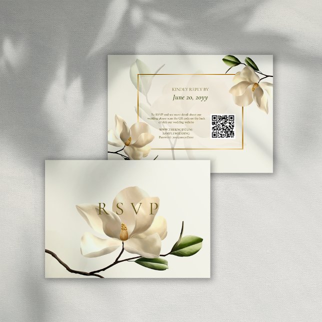 Oriental White Magnolia QR Code Wedding RSVP Card Save The Date (Oriental White Magnolia QR Code Wedding RSVP Card)
