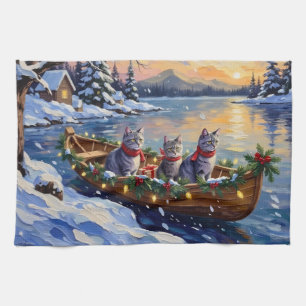 Orientaler Blaukatzen-Weihnachtsboot-Urlaub Geschirrtuch